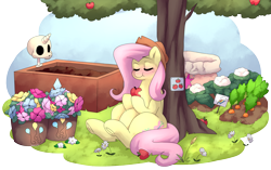 Size: 4057x2546 | Tagged: safe, artist:shoelace, imported from derpibooru, fluttershy, pegasus, pony, apple, applejack's hat, belly, blushing, carrot, cauliflower, cowboy hat, dead, death, eating, eyes closed, female, fertilization, fertilizer, flower, flower pot, food, hat, horn, implied applejack, implied death, implied pinkie pie, implied rainbow dash, implied rarity, implied twilight sparkle, mare, post-vore, simple background, skull, solo, transparent background, tree, underhoof, vore