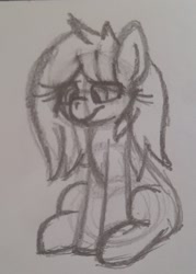 Size: 1518x2125 | Tagged: safe, artist:bazza, imported from derpibooru, oc, oc only, oc:sketchy sadness, earth pony, pony, black and white, ears up, earth pony oc, grayscale, hair over one eye, hips, looking down, monochrome, pencil drawing, sad, sitting, sketch, solo, traditional art