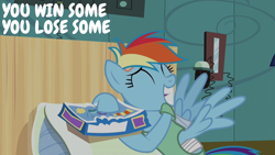 Size: 2000x1125 | Tagged: safe, edit, edited screencap, editor:quoterific, imported from derpibooru, screencap, rainbow dash, read it and weep, bandage, bandaged wing, bed, grin, hospital, hospital bed, injured, smiling, solo, wings