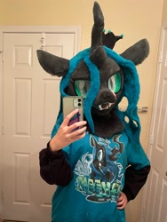 Size: 1536x2048 | Tagged: safe, artist:limeythecheetah, imported from derpibooru, queen chrysalis, changeling, changeling queen, female, fursuit, hand on hip, indoors, irl, phone, photo, selfie