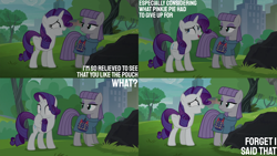 Size: 2000x1125 | Tagged: safe, edit, edited screencap, editor:quoterific, imported from derpibooru, screencap, maud pie, rarity, the gift of the maud pie, boulder (g4), city, park, rock, rock pouch, tree