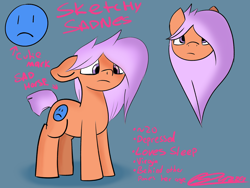 Size: 1600x1200 | Tagged: safe, artist:bazza, imported from derpibooru, oc, oc only, oc:sketchy sadness, earth pony, depressed, depression, earth pony oc, frown, medibang paint, pink hair, pink mane, reference sheet, sad, short tail, signature, simple shading, solo, tail, writing