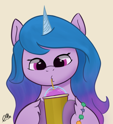 Size: 2200x2400 | Tagged: safe, artist:cobaltskies002, imported from derpibooru, izzy moonbow, pony, unicorn, bracelet, cute, drink, drinking, female, friendship bracelet, g5, horn, izzybetes, jewelry, mare, smoothie, solo, unshorn fetlocks