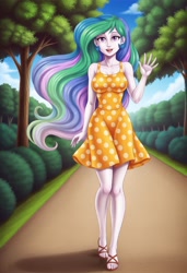 Size: 1248x1824 | Tagged: safe, imported from derpibooru, princess celestia, human, equestria girls, ai content, ai generated, blue sky, bush, clothes, dress, female, generator:pony diffusion v6 xl, generator:stable diffusion, happy, looking at you, open mouth, open smile, park, path, polka dots, principal celestia, prompter:siber, sandals, smiling, smiling at you, solo, sundress, tree, walking, waving, waving at you