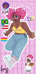 Size: 540x1096 | Tagged: safe, artist:sprong-lhama, imported from derpibooru, pinkie pie, human, afro, afro puffs, alternate hairstyle, blushing, bowl, brazil, bread, clothes, crocs, cute, dark skin, denim, diapinkes, ear piercing, earring, eyes closed, eyeshadow, female, food, freckles, humanized, jeans, jewelry, makeup, midriff, mug, nail polish, pansexual, pansexual pride flag, pants, piercing, pride, pride flag, reference sheet, shirt, socks, solo, striped socks, t-shirt, tanktop