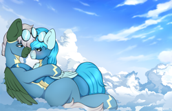 Size: 3100x2000 | Tagged: safe, artist:zarioly, imported from derpibooru, oc, oc only, oc:summer breeze, oc:windracer, pegasus, pony, blushing, clothes, cloud, duo, duo male and female, female, goggles, hug, lying down, lying on a cloud, male, mare, on a cloud, pegasus oc, uniform, wings, wonderbolts uniform