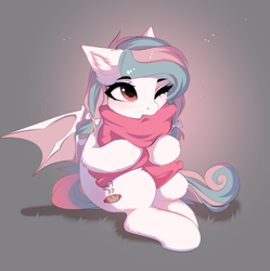 Size: 2001x2008 | Tagged: safe, artist:empress-twilight, imported from derpibooru, oc, oc only, oc:bratwurste, bat pony, pony, bat pony oc, bat wings, commission, cute, ear fluff, eyebrows, eyebrows visible through hair, female, high res, hug, mare, ocbetes, one eye closed, pillow, pillow hug, sitting, solo, spread wings, tail, wings