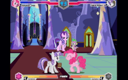 Size: 1152x720 | Tagged: safe, imported from twibooru, pinkie pie, spike, starlight glimmer, twilight sparkle, alicorn, earth pony, fighting is magic, animated, fan game, fighting is magic - roots, image, npc, twilight sparkle (alicorn), twilight's castle, webm