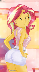 Size: 1160x2131 | Tagged: safe, artist:charliexe, sunset shimmer, human, equestria girls, adult, ass, backless, beautisexy, belt, bestiality, breasts, bunset shimmer, busty sunset shimmer, butt, clothes, curvy, cute, ear piercing, earring, eyes closed, female, interspecies, jewelry, leg rings, long hair, open-back sweater, orange body, orange skin, piercing, reasonable breast physics, reasonably shaped breasts, reasonably sized breasts, sexy, skirt, sleeveless sweater, smiling, solo, solo female, stupid sexy sunset shimmer, sweater, two toned hair, virgin killer sweater, white skirt, wife, woman, young, young adult