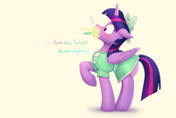 Size: 5967x4031 | Tagged: safe, artist:edrian, imported from derpibooru, twilight sparkle, alicorn, pony, adult foal, blushing, bow, clothes, dialogue, diaper, diaper fetish, diaper under clothes, dress, exclamation point, fetish, floppy ears, hair bow, implied princess celestia, magic, non-baby in diaper, offscreen character, pacifier, raised hoof, shocked, simple background, solo, telekinesis, twilight sparkle (alicorn), white background