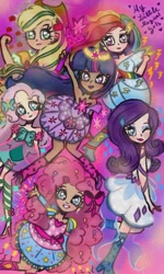 Size: 736x1227 | Tagged: safe, artist:artmiiracle, imported from derpibooru, applejack, fluttershy, pinkie pie, rainbow dash, rarity, twilight sparkle, human, alternate hairstyle, applejack's hat, boots, clothes, cowboy hat, crown, dark skin, dress, eyeshadow, female, grin, hat, high heel boots, high heels, humanized, jewelry, leg warmers, lipstick, magical girl, makeup, mane six, one eye closed, regalia, shoes, skirt, smiling, wink