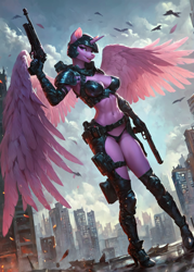 Size: 1000x1400 | Tagged: safe, imported from derpibooru, twilight sparkle, alicorn, anthro, ai content, ai generated, armor, breasts, busty twilight sparkle, city, cyberpunk, fantasy, female, generator:pony diffusion v6 xl, generator:stable diffusion, prompter:star-dragon, science fiction, solo, spread wings, twilight sparkle (alicorn), unconvincing armor, weapon, wings