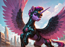 Size: 1400x1000 | Tagged: safe, imported from derpibooru, twilight sparkle, alicorn, pony, ai content, ai generated, armor, belly, city, cyberpunk, fantasy, female, generator:pony diffusion v6 xl, generator:stable diffusion, large wings, prompter:star-dragon, rearing, science fiction, solo, spread wings, twilight sparkle (alicorn), wings