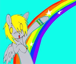 Size: 1984x1668 | Tagged: safe, artist:poniesinmyhead, imported from derpibooru, derpy hooves, pegasus, pony, blue background, cyan background, open mouth, rainbow, scene kid, simple background, solo