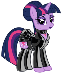 Size: 1020x1200 | Tagged: safe, edit, imported from twibooru, twilight sparkle, pony, unicorn, ai content, ai generated, alternate hairstyle, anonymous prompter, blazer, choker, clothes, cutie mark accessory, eyeshadow, female, generator:pony diffusion v6 xl, generator:stable diffusion, hair bun, horn, image, jacket, jewelry, latex, latex jacket, latex skirt, latex stockings, lidded eyes, lipstick, looking at you, makeup, mare, outfit, pendant, pleated skirt, png, purple eyeshadow, purple lipstick, show accurate, simple background, skirt, smiling, smiling at you, socks, solo, standing, stockings, thigh highs, transparent background, twibooru exclusive, unicorn twilight, vector