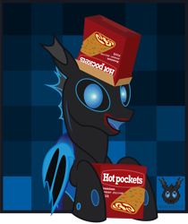 Size: 2378x2832 | Tagged: safe, artist:wheatley r.h., derpibooru exclusive, imported from derpibooru, oc, oc only, oc:w. rhinestone eyes, changeling, april fools 2024, bat wings, blue changeling, box, changeling oc, honeypot changeling, hot pocket, looking at you, male, smiling, stallion, vector, watermark, wings