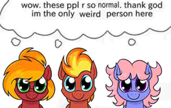 Size: 680x429 | Tagged: safe, artist:moonatik, imported from derpibooru, oc, oc only, oc:flame fireblast, oc:moonatik, oc:wonder waves, earth pony, pegasus, bust, cute, earth pony oc, female, glasses, male, mare, meme, needs more jpeg, pegasus oc, simple background, stallion, thought bubble, white background, wings