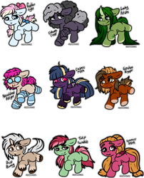 Size: 2436x3014 | Tagged: safe, artist:sexygoatgod, imported from derpibooru, oc, oc only, oc:cobweb creep, oc:cosmic mark, oc:dust bunny, oc:feather light, oc:garden digger, oc:lucky petals, oc:nosebleed delight, oc:summer spark, oc:tulip twinkle, earth pony, pegasus, pony, unicorn, adoptable, chibi, horn, simple background, transparent background