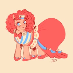 Size: 2048x2048 | Tagged: safe, artist:swollenbabyfat, imported from derpibooru, pinkie pie, earth pony, pony, blue eyes, blushing, clothes, curly mane, doodle, dress, eyelashes, female, gala dress, gown, hat, heart, heart eyes, hoof shoes, looking away, looking to the left, mare, open mouth, open smile, pink background, pink coat, pink mane, shoes, signature, simple background, smiling, teeth, wingding eyes