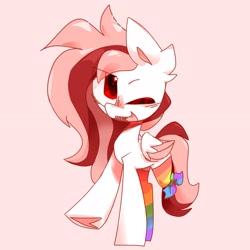 Size: 3153x3153 | Tagged: safe, artist:scar-shine, imported from derpibooru, oc, oc only, oc:toricelli, pegasus, amputee, clothes, female, rainbow socks, red background, simple background, socks, solo, striped socks