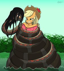 Size: 2705x3000 | Tagged: safe, artist:lunahazacookie, imported from derpibooru, applejack, anthro, earth pony, snake, anaconda, angry, art trade, breasts, busty applejack, cleavage, coils, constriction, cowboy hat, damsel in distress, female, grass, gritted teeth, hat, high res, long hair, looking at each other, looking at someone, mare, shoulderless shirt, teeth, water