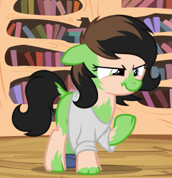 Size: 1015x1048 | Tagged: safe, artist:anonymous, imported from twibooru, oc, oc only, oc:filly anon, pony, /mlp/, /ptfg/, 4chan, female, filly, floppy ears, golden oaks library, grumpy, heterochromia, human to pony, image, library, png, raised leg, show accurate, solo, transformation, transgender transformation