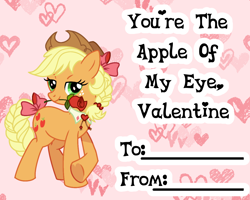 Size: 1272x1016 | Tagged: safe, artist:dazzle, imported from derpibooru, applejack, earth pony, bow, braid, braided tail, flower, freckles, free to use, hair bow, hat, holiday, rose, tail, valentine, valentine's day, valentine's day card