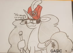 Size: 3918x2874 | Tagged: safe, artist:gagiclunk, imported from derpibooru, oc, oc only, oc:damian diablo, alicorn, concave belly, doodle, parade, shako, solo, thin, traditional art