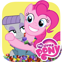 Size: 1024x1024 | Tagged: safe, imported from derpibooru, maud pie, pinkie pie, earth pony, pony, app icon, duo, duo female, face, faic, female, grin, hug, icon, jewelry, lidded eyes, mare, my little pony logo, my little pony: pinkie pie's sister, necklace, official, playdate digital, rock candy necklace, siblings, sisters, smiling