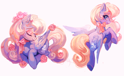 Size: 1800x1100 | Tagged: safe, artist:saresyrose3113, imported from derpibooru, oc, oc only, oc:primrose, pegasus, pony, bow, butt, eyes closed, eyeshadow, female, flower, flower in hair, looking back, makeup, mare, mole, plot, ponysona, ribbon, rose, simple background, smiling, solo, white background