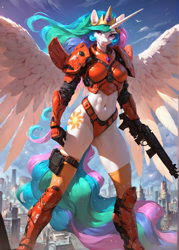 Size: 1000x1400 | Tagged: safe, imported from derpibooru, princess celestia, alicorn, anthro, ai content, ai generated, armor, breasts, busty princess celestia, city, cyberpunk, fantasy, female, generator:pony diffusion v6 xl, generator:stable diffusion, prompter:star-dragon, science fiction, solo, spread wings, weapon, wings