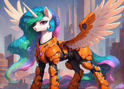 Size: 1400x1000 | Tagged: safe, imported from derpibooru, princess celestia, alicorn, pony, ai content, ai generated, armor, city, concave belly, cyberpunk, fantasy, female, generator:pony diffusion v6 xl, generator:stable diffusion, prompter:star-dragon, science fiction, slender, solo, spread wings, sternocleidomastoid, thin, wings