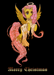 Size: 1696x2383 | Tagged: safe, artist:imsolittle, imported from derpibooru, fluttershy, pegasus, angel, black background, christmas, halo, holiday, merry christmas, simple background
