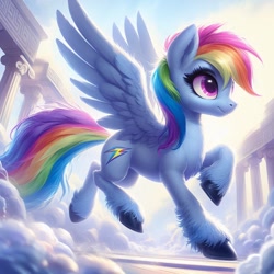 Size: 1024x1024 | Tagged: safe, imported from ponybooru, rainbow dash, pegasus, pony, ai content, ai generated, alternate cutie mark, bing, cloud, column, female, leg fluff, mare, solo, unshorn fetlocks, wing fluff