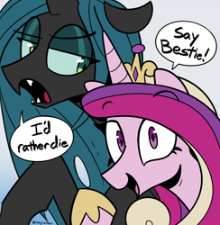 Size: 1286x1316 | Tagged: safe, artist:icey, imported from derpibooru, princess cadance, queen chrysalis, alicorn, changeling, changeling queen, pony, duo, duo female, female, horn, looking at camera, looking at someone, looking at you, mare, queen chrysalis is not amused, selfie, speech bubble, unamused