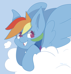 Size: 3684x3868 | Tagged: safe, artist:tkshoelace, imported from derpibooru, rainbow dash, pegasus, pony, blue background, cloud, ears up, on a cloud, simple background, smiling, solo, spread wings, wings