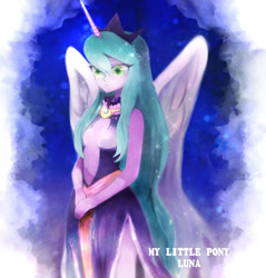 Size: 958x1004 | Tagged: safe, artist:lapatte00, imported from derpibooru, princess luna, human, alicorn humanization, crown, green eyes, horn, horned humanization, humanized, jewelry, necklace, regalia, sparkles, winged humanization, wings