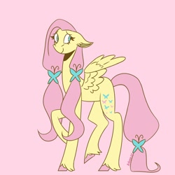 Size: 1024x1024 | Tagged: safe, artist:arriverse_, imported from derpibooru, fluttershy, pegasus, pony, alternate cutie mark, alternate design, female, long legs, mare, pink background, simple background, solo