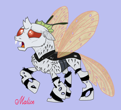 Size: 3100x2800 | Tagged: safe, artist:malice-may, imported from derpibooru, oc, oc only, oc:tarsus, butterfly, changeling, insect, moth, alchemist, alchemy, antagonist, butterfly wings, changeling oc, concave belly, fangs, lanky, male, nervous, purple background, scared, shapeshifter, simple background, skinny, solo, tall, teeth, thin, wings