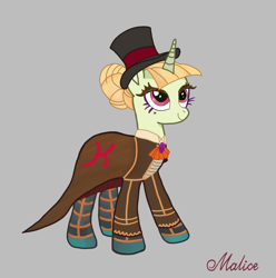 Size: 2480x2500 | Tagged: safe, artist:malice-may, imported from derpibooru, oc, oc only, oc:kapital idea, unicorn, antagonist, cape, clothes, female, gray background, hat, horn, simple background, solo, top hat, unicorn oc