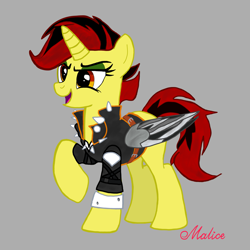 Size: 2381x2381 | Tagged: safe, artist:malice-may, imported from derpibooru, oc, oc only, unicorn, antagonist, artificial wings, augmented, bracelet, clothes, evil, evil grin, female, female oc, grin, horn, jacket, jewelry, leather, leather jacket, mare, punk, smiling, solo, unicorn oc, villainess, weapon, wings