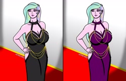 Size: 3175x2029 | Tagged: safe, artist:sandypeacebringer, imported from derpibooru, princess celestia, human, equestria girls, big breasts, breasts, busty princess celestia, carpet, cleavage, clothes, dress, female, fishtail dress meme, hand on hip, meme, red carpet, solo