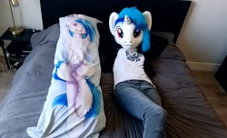 Size: 1726x1057 | Tagged: safe, artist:atalonthedeer, artist:wub_pon3, imported from derpibooru, dj pon-3, vinyl scratch, bed, body pillow, clothes, fursuit, indoors, irl, lying down, on back, photo, ponysuit, self paradox, self ponidox