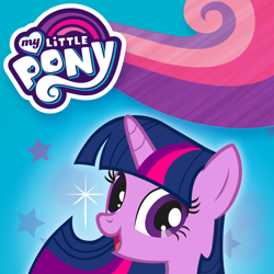 Size: 1024x1024 | Tagged: safe, imported from derpibooru, twilight sparkle, alicorn, pony, unicorn, app icon, bust, eaglemoss, female, horn, looking at you, mare, my little pony colouring adventures, my little pony logo, official, open mouth, open smile, portrait, smiling, solo, sparkles, stars, twilight sparkle (alicorn), unicorn twilight