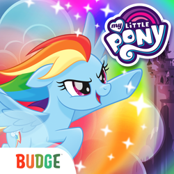 Size: 1024x1024 | Tagged: safe, imported from derpibooru, rainbow dash, pegasus, pony, my little pony rainbow runners, my little pony: the movie, app, app icon, budge studios, female, flying, logo, mare, my little pony logo, open mouth, open smile, rainbow, smiling, solo, spread wings, wings