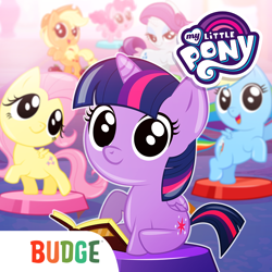 Size: 1024x1024 | Tagged: safe, imported from derpibooru, applejack, fluttershy, pinkie pie, rainbow dash, rarity, twilight sparkle, alicorn, pony, my little pony pocket ponies, app, app icon, applejack's hat, book, budge studios, cowboy hat, eyeshadow, female, folded wings, hat, horn, lidded eyes, logo, looking at you, makeup, mane six, mare, my little pony logo, official, open mouth, open smile, pocket ponies, raised hoof, smiling, spread wings, tail, twilight sparkle (alicorn), wings