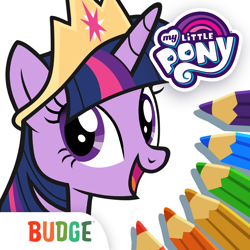 Size: 1024x1024 | Tagged: safe, imported from derpibooru, twilight sparkle, alicorn, pony, my little pony color by magic, the last problem, app icon, black outlines, budge studios, colored pencils, crown, female, horn, jewelry, mobile game, my little pony logo, official, open mouth, open smile, regalia, simple background, smiling, solo, twilight sparkle (alicorn), video game, white background