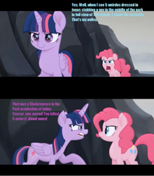 Size: 633x719 | Tagged: safe, edit, edited screencap, imported from derpibooru, screencap, pinkie pie, twilight sparkle, alicorn, earth pony, pony, my little pony: the movie, comic, duo, duo female, female, implied murder, julius caesar, mare, parody, screencap comic, the naked gun, twilight sparkle (alicorn), william shakespeare