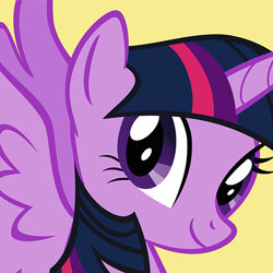 Size: 1024x1024 | Tagged: safe, imported from derpibooru, twilight sparkle, alicorn, pony, app icon, female, horn, mare, my little pony ar guide, official, red frog digital limited, simple background, smiling, solo, spread wings, twilight sparkle (alicorn), wings, yellow background