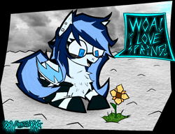 Size: 2292x1764 | Tagged: safe, artist:xxv4mp_g4z3rxx, imported from derpibooru, oc, oc only, pony, blue eyes, chest fluff, clothes, cloud, ear piercing, flower, glasses, grass, lying down, piercing, ponyloaf, prone, signature, snow, socks, solo, speech bubble, spring, striped socks, tail, two toned mane, two toned tail